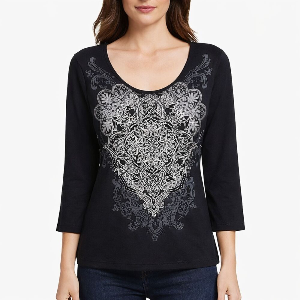 Chico’s Zenergy Tee Size 1 Medium Black Paisley Embellished